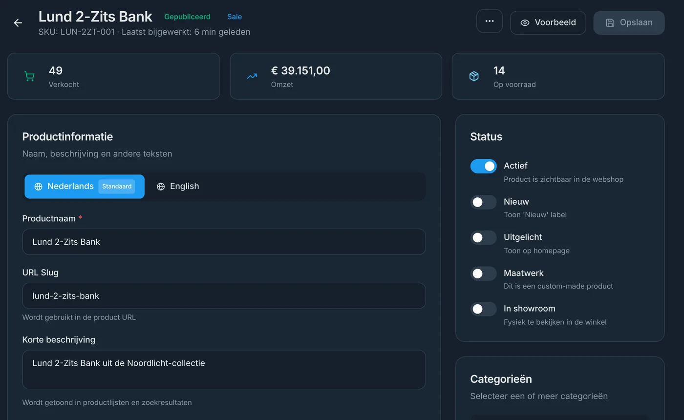 Een product bewerken in MME met taaltabs en statusknoppen