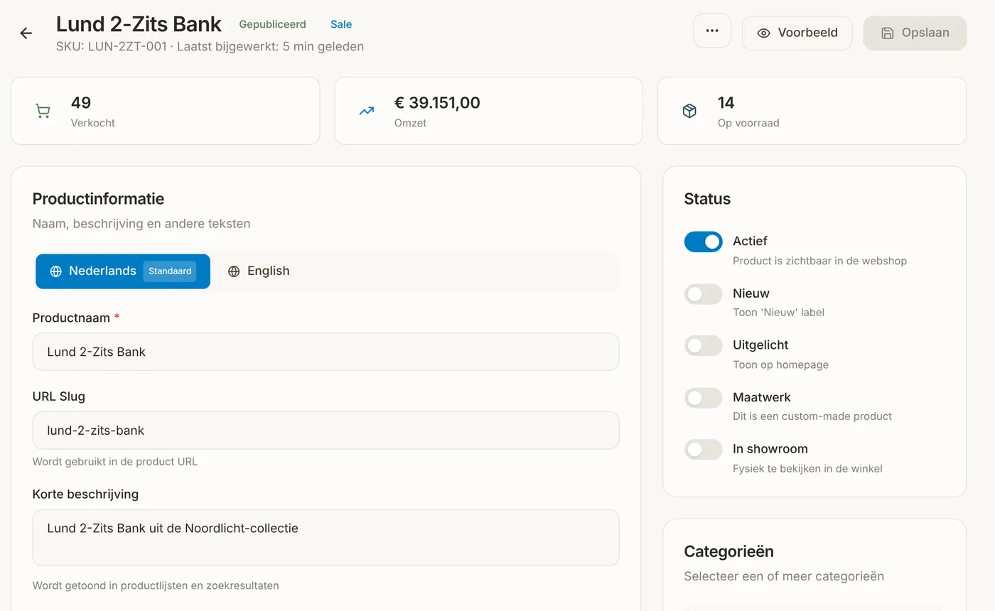 Een product bewerken in MME met taaltabs en statusknoppen