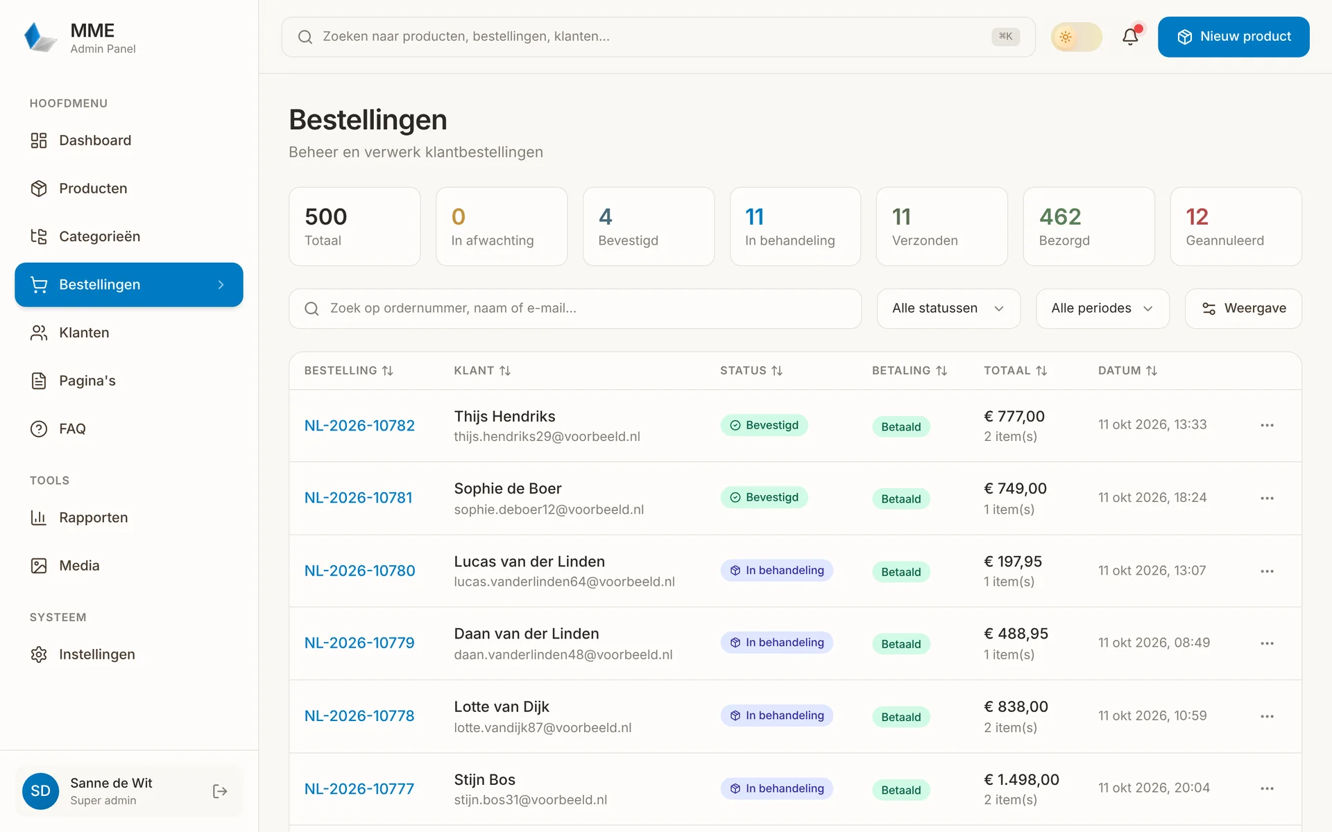 Bestellingen in MME v6
